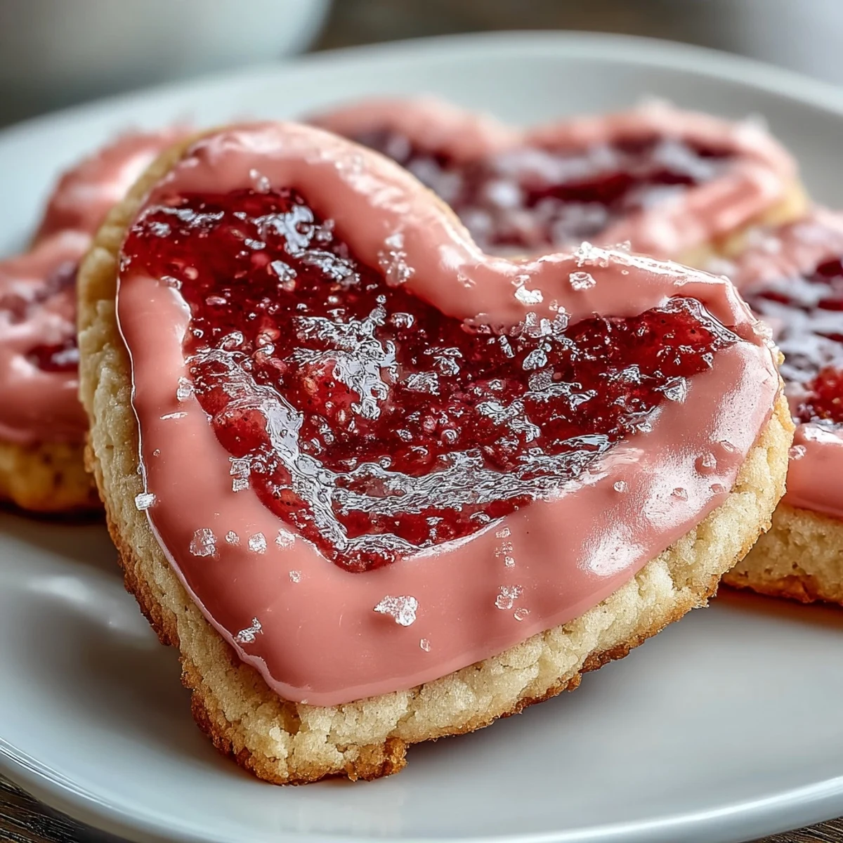 Des biscuits sucrés en forme de cœur décorés d'un glaçage rose aux fraises, parfaits pour la Saint-Valentin.