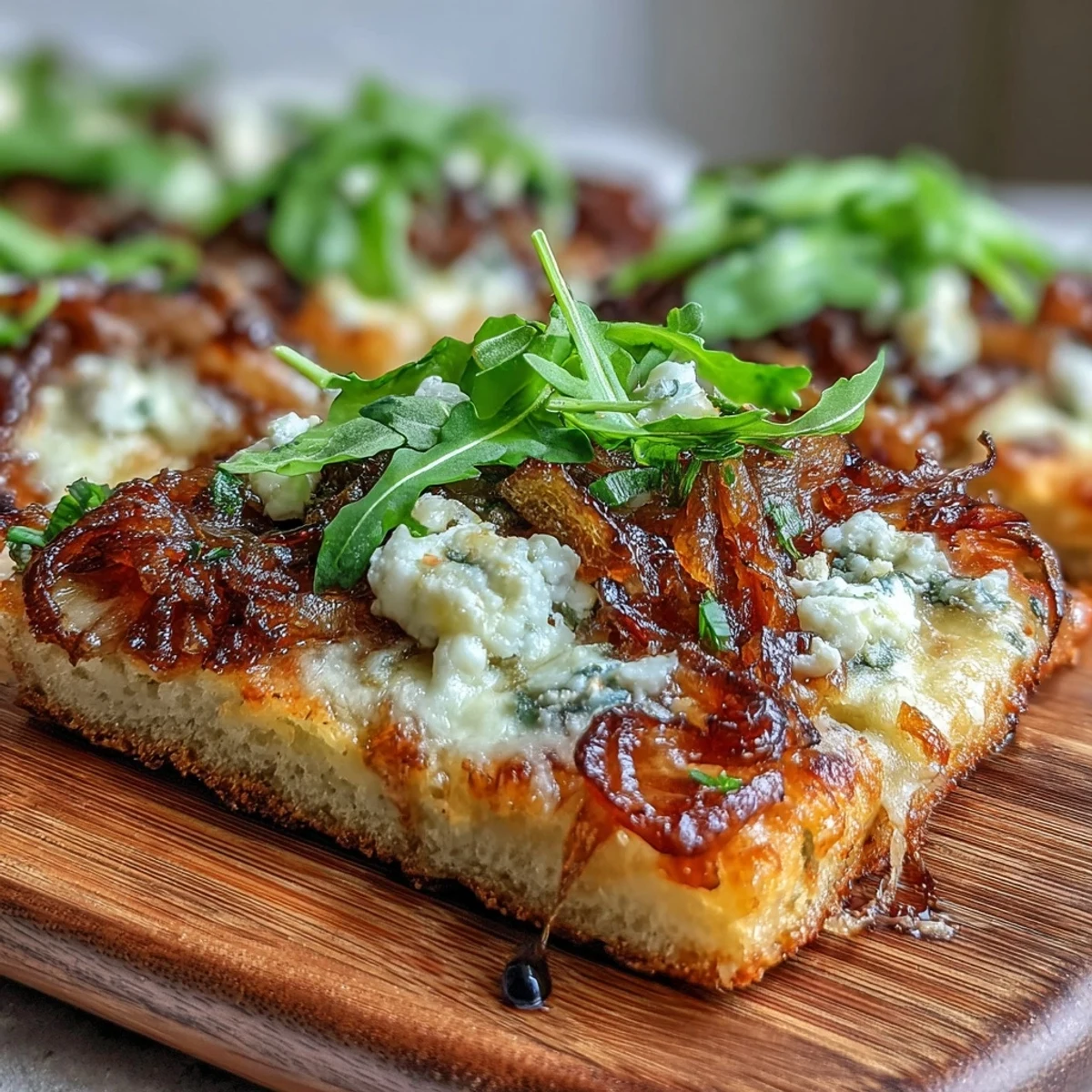 Une pizza flatbread croustillante garnie d'oignons caramélisés sucrés, de fromage crémeux, d'arugula fraîche et d'un filet de réduction balsamique acidulée—idéale en apéritif gourmet ou plat principal léger.