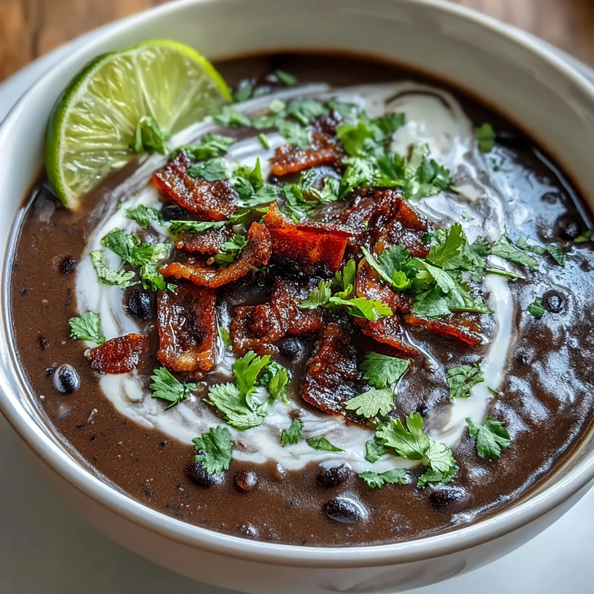 Creamy black bean soup topped with smoky bacon and zesty lime crema, served in a rustic bowl.