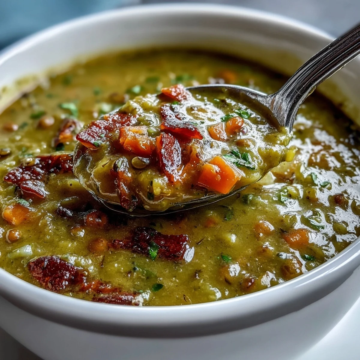 Potage réconfortant aux pois cassés, jambon fumé et carottes tendres, servi dans un bol rustique avec du pain croustillant.