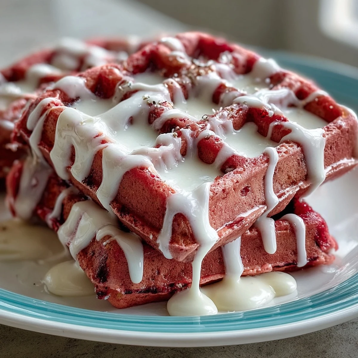 Waffles roses moelleuses nappées de crème au fromage pour un brunch de la Saint-Valentin festif.