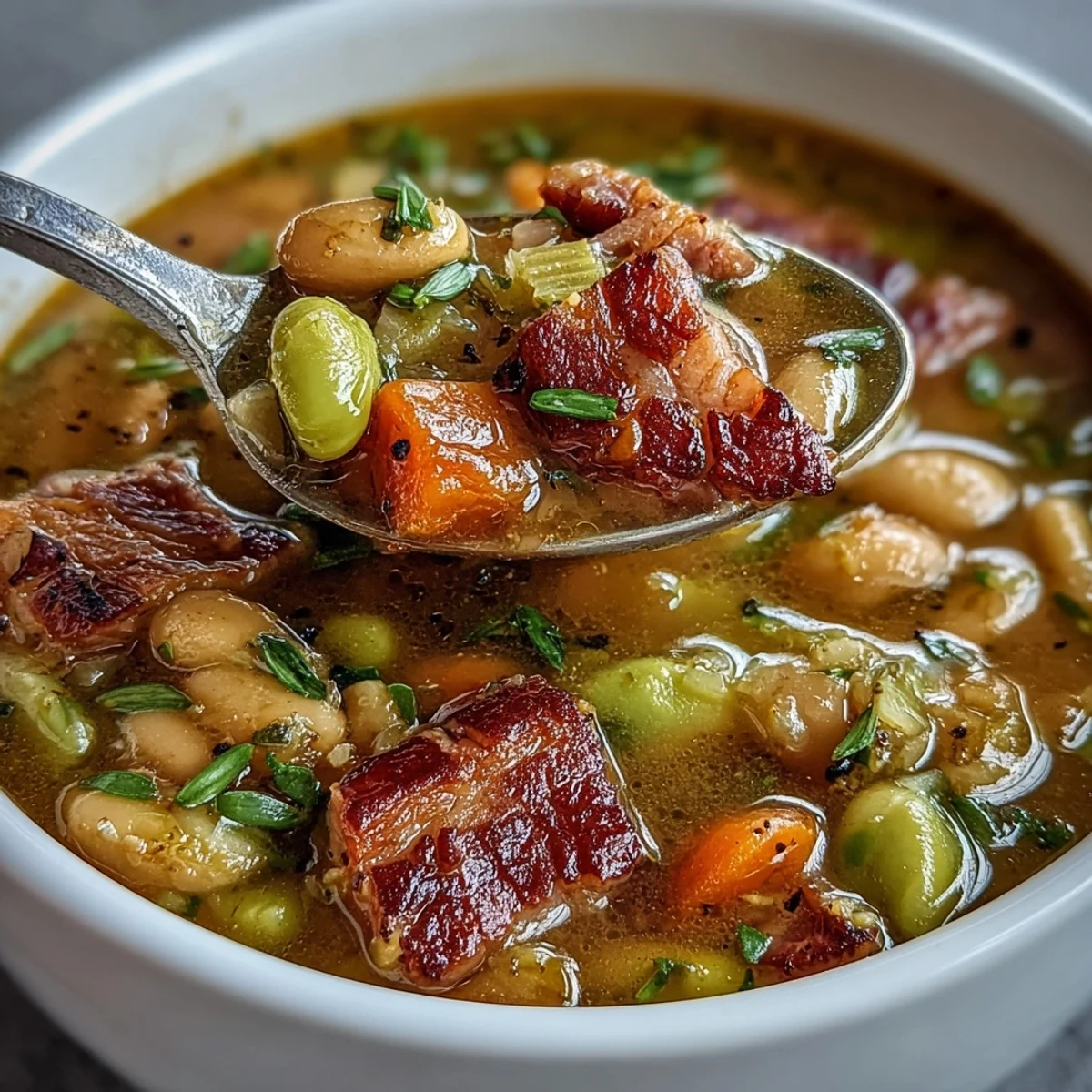 Bol de soupe au jambon et fèves lima avec légumes tendres, parfait pour les journées fraîches.
