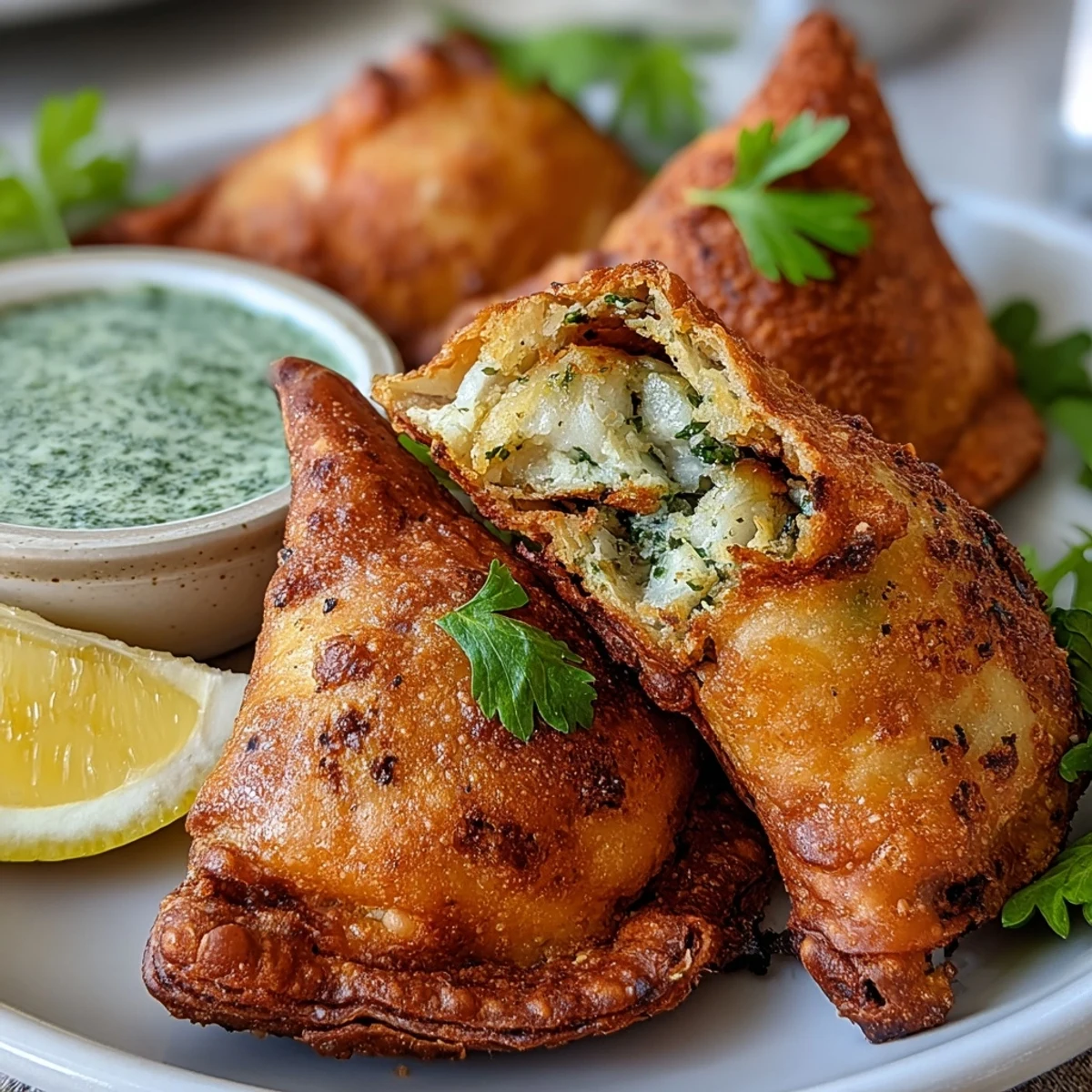 SAMOSAS VÉGÉTARIENNES CUITES À L'AIR FRYER AVEC CHUTNEY À LA MENTHE