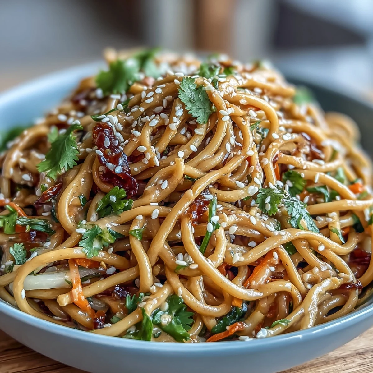 Plat de nouilles froides avec vinaigrette crémeuse aux arachides, mélangées à des carottes râpées, du chou rouge et des poivrons.  