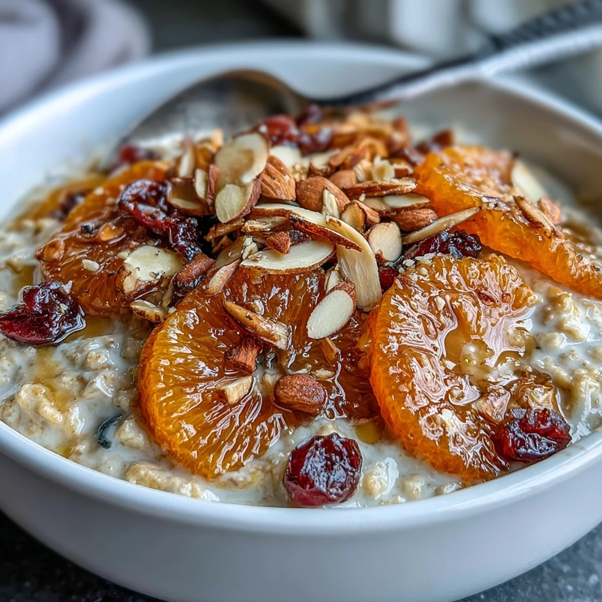 Délicieux bol de petit-déjeuner chaud aux flocons d'avoine, oranges confites sucrées, canneberges acidulées et amandes croquantes.  