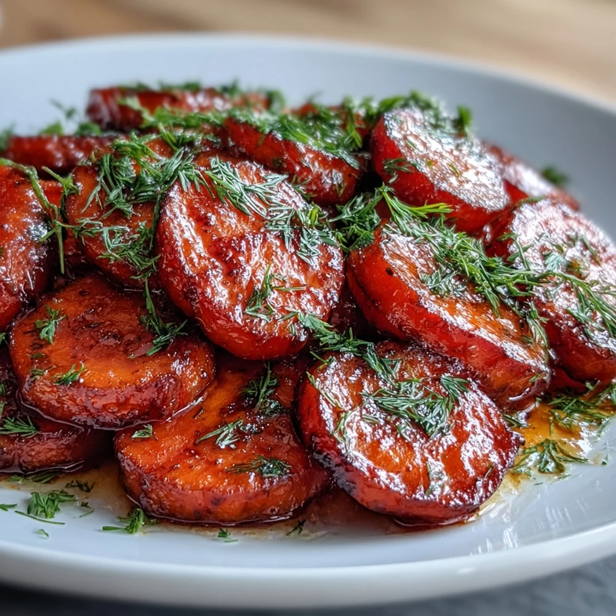 Carottes glacées à l'orange et au miel avec aneth frais, un accompagnement coloré et parfumé.  