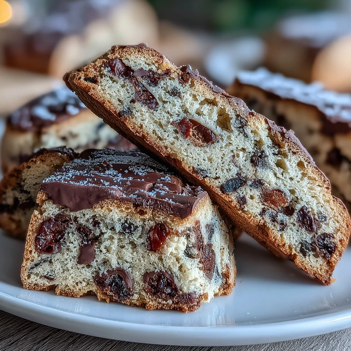 Biscotti croustillants deux fois cuits aux écorces d'orange confites et chocolat noir, parfaits pour tremper dans le café.