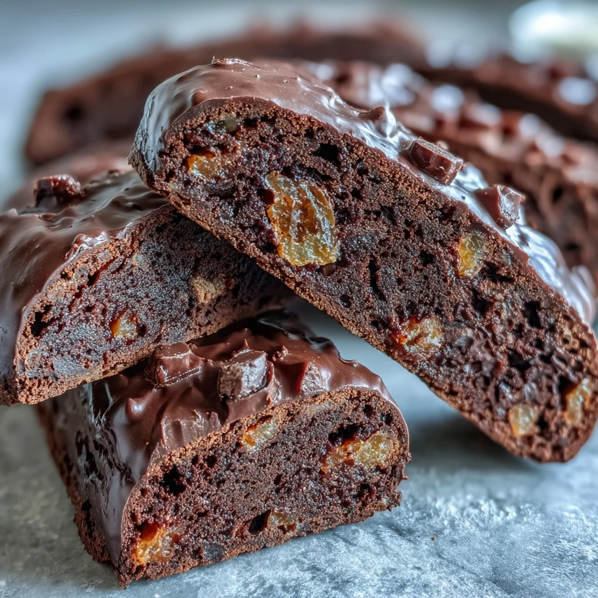 Biscotti italiens dorés aux morceaux de chocolat noir et écorces d'orange confites, idéaux pour accompagner le dessert.
