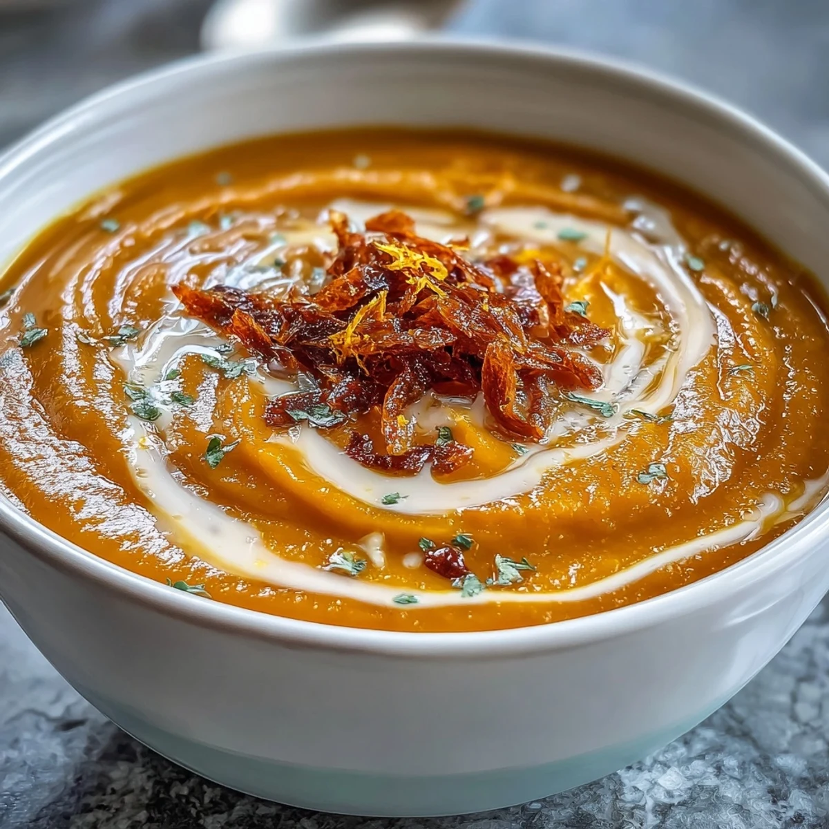 Un bol de soupe crémeuse orange vif aux carottes, gingembre et lait de coco, garni de feuilles de coriandre fraîche et de zeste d'orange.