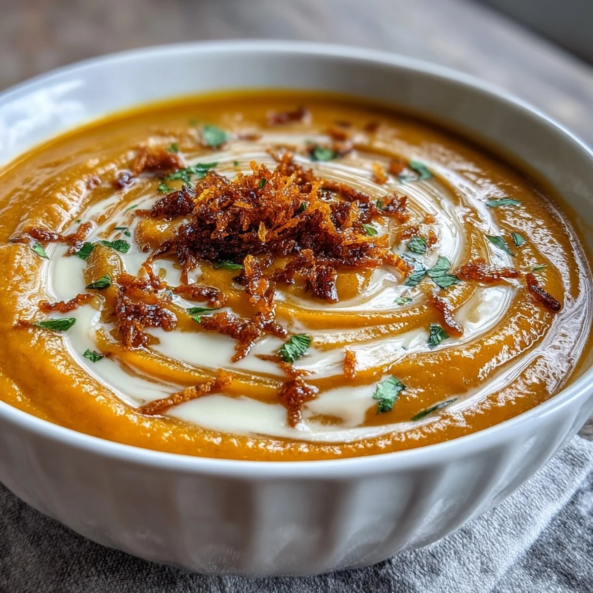 Vue rapprochée d'une cuillère soulevant une soupe veloutée de carottes et oranges, avec un filet de lait de coco et des épices parfumées.