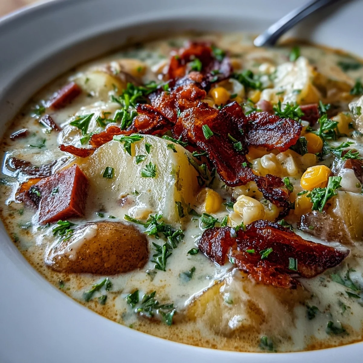 Potage réconfortant au jambon et légumes, crémeux et savoureux, servi avec garniture de persil.