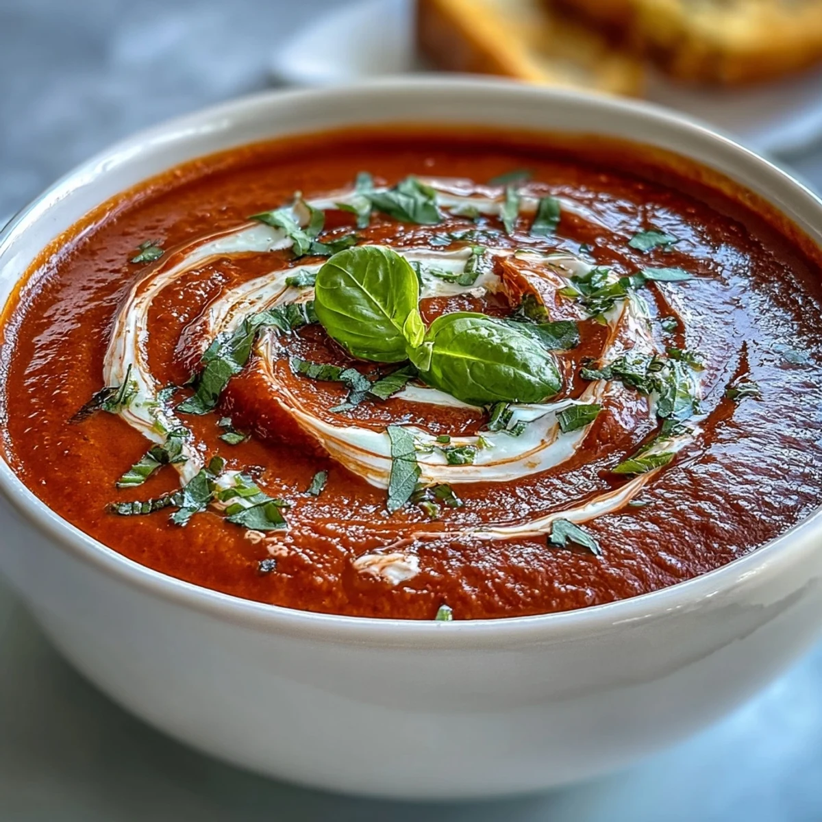 2. Creamy tomato soup garnished with basil leaves, paired with crispy garlic-buttered sourdough strips on a wooden board.  