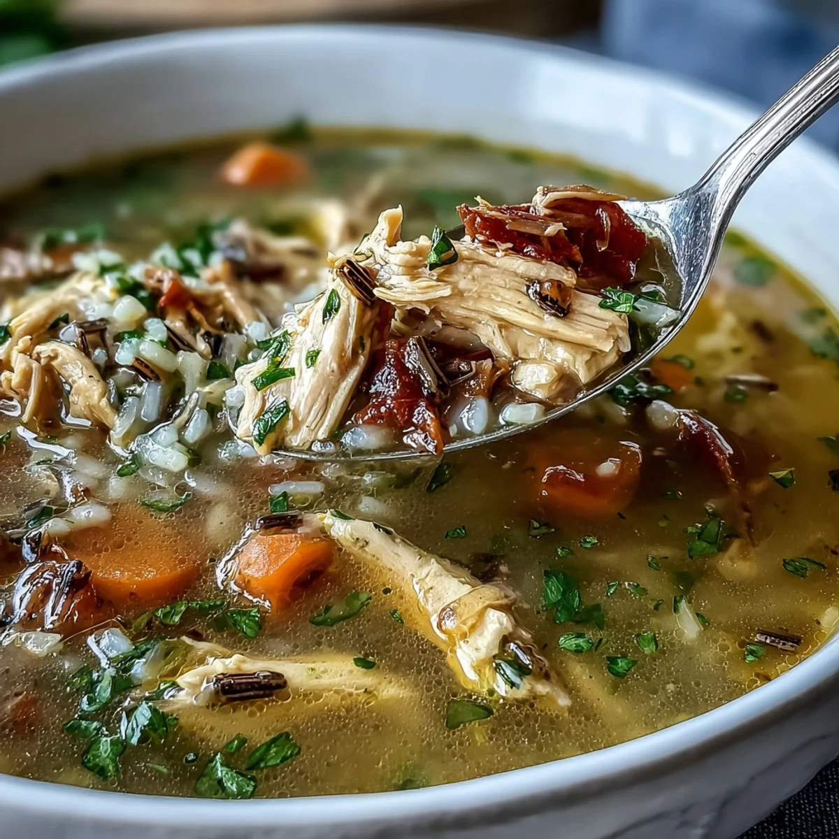Bol fumant de soupe au poulet et riz sauvage avec carottes, légumes et herbes aromatiques.