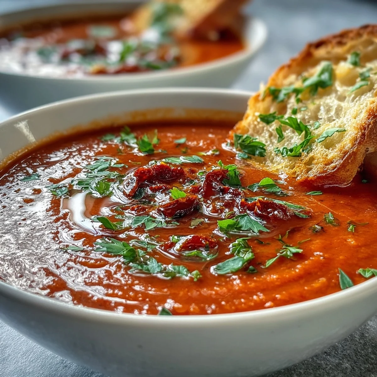 Velouté crémeux de poivrons rouges rôtis et de haricots blancs servi dans un bol avec une garniture de persil frais et un filet d'huile d'olive.