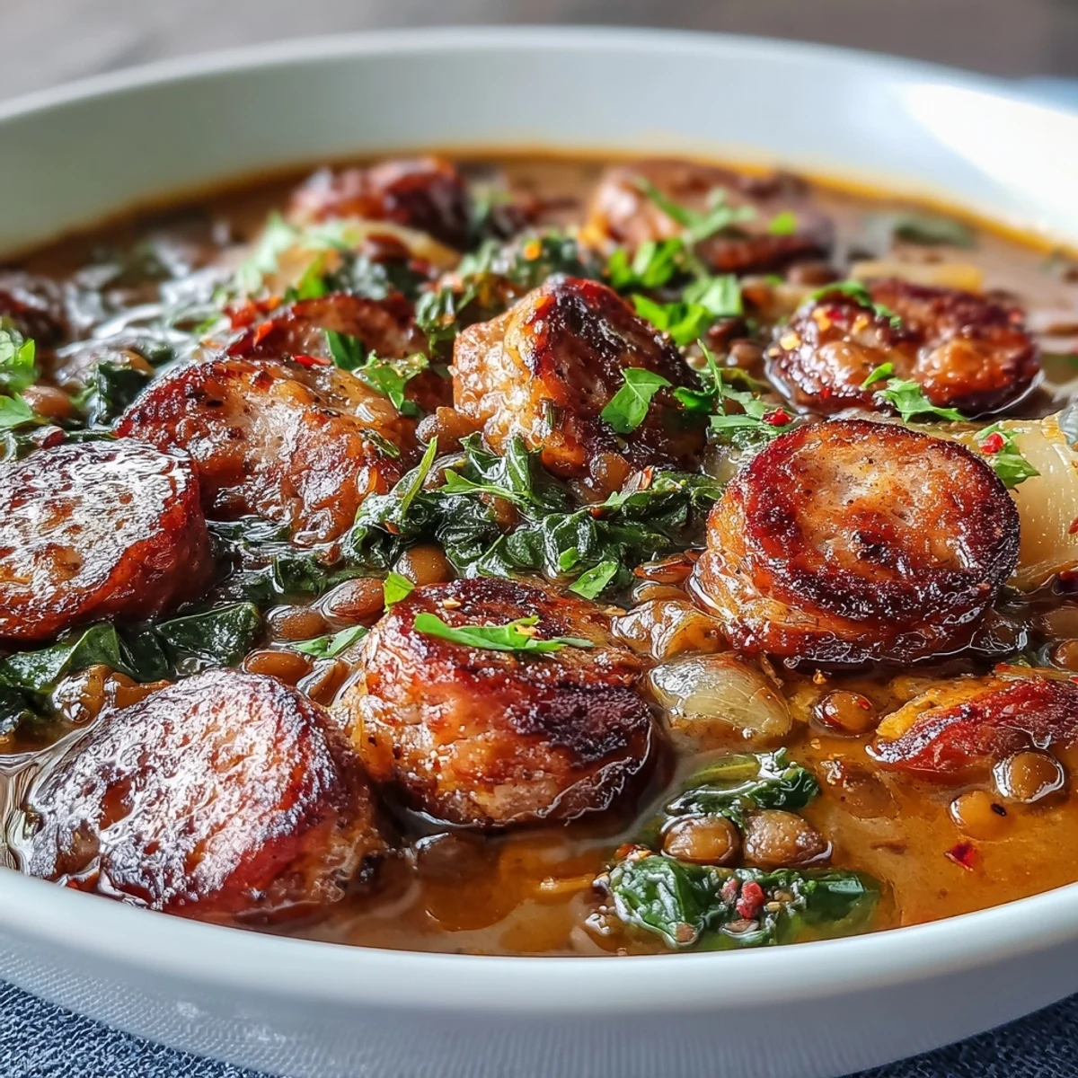Une soupe copieuse et savoureuse au saucisson épicé, lentilles terrestres et chou frisé dans un bouillon de tomates savoureux—parfaite pour se réchauffer par temps froid.