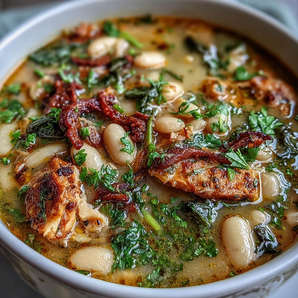 1. Une soupe réconfortante au dindon fumé et aux haricots blancs, garnie d'herbes fraîches, parfaite pour un repas chaleureux.