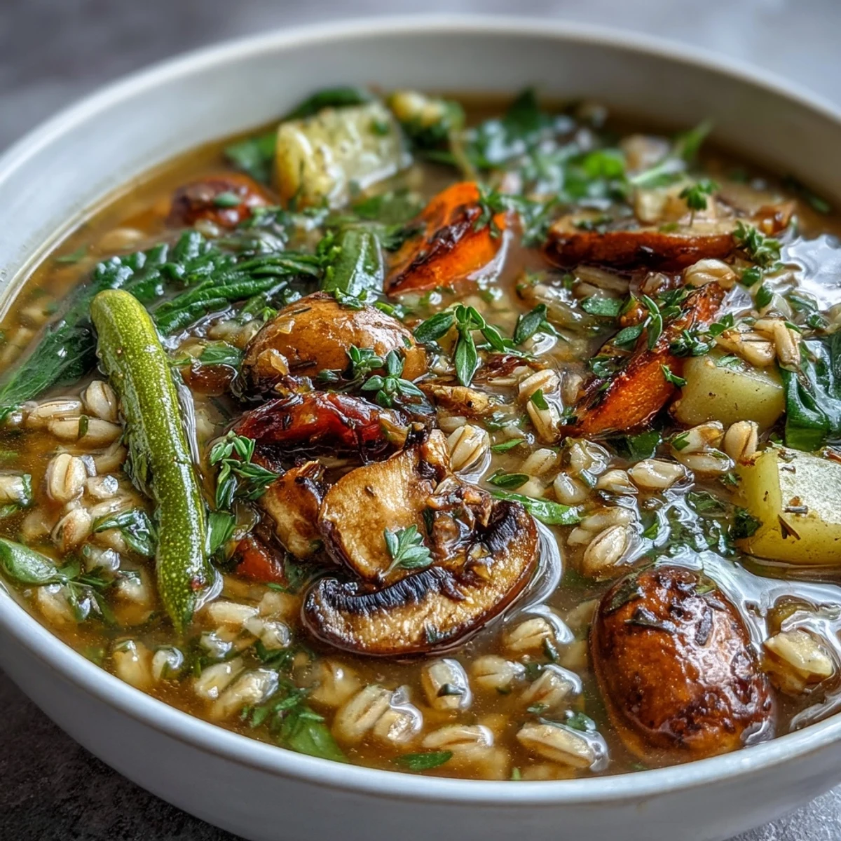 Une vue rapprochée d'une soupe épaisse à l'orge et aux champignons, avec des carottes, du céleri et des pommes de terre tendres dans un bouillon aromatique.