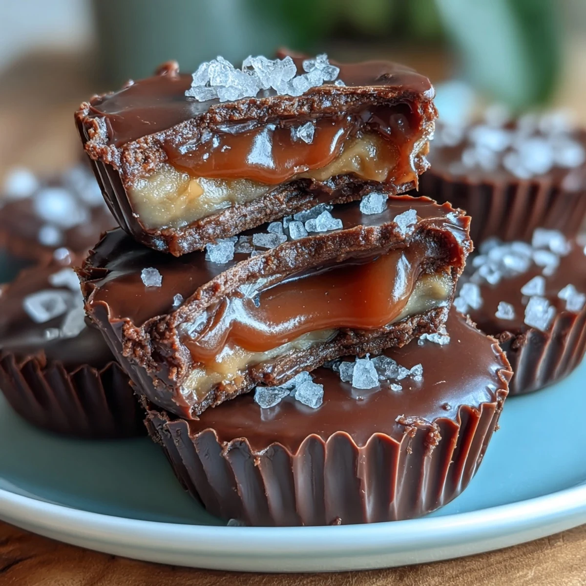 3. Homemade peanut butter cups featuring a luscious salted caramel center and a sprinkle of flaky sea salt.