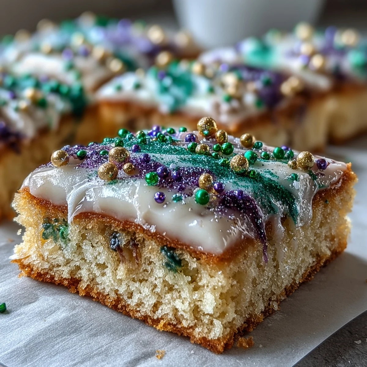 Barres de cookies sucrés façon King Cake, décorées de glaçage et de sucre coloré, idéales pour les fêtes.