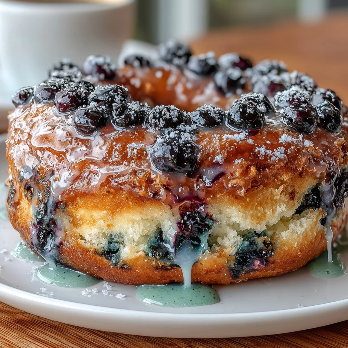 Donuts au levain aux myrtilles et citron : pâtisseries moelleuses et naturellement levées, parsemées de myrtilles fraîches et nappées d'un glaçage citronné acidulé. Parfait pour le petit-déjeuner ou une collation sucrée.