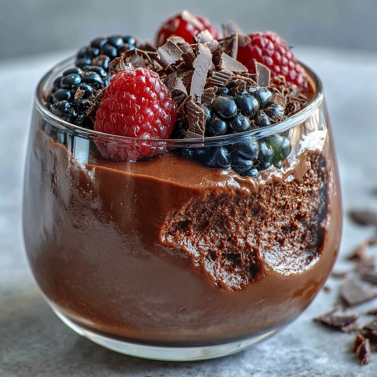 Un riche mousse au chocolat crémeux avec du fromage cottage pour une touche riche en protéines—parfait pour un dessert sain ou une collation post-entraînement.