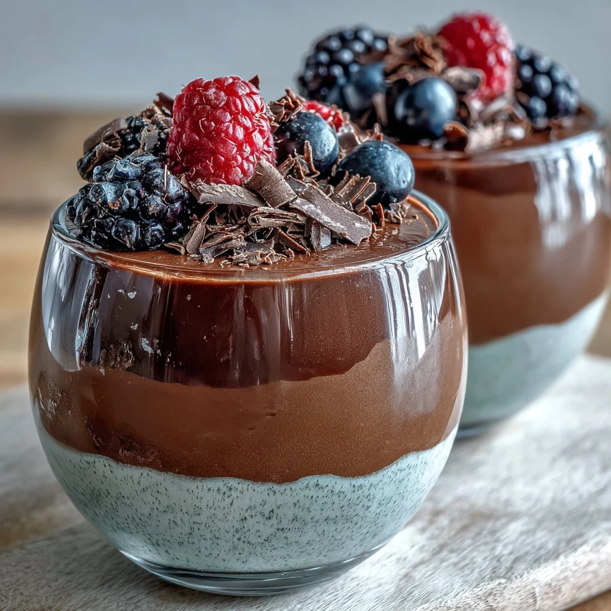 Une mousse au chocolat décadente à base de fromage cottage, garnie de baies fraîches et de chocolat râpé pour un dessert nutritif et gourmand.