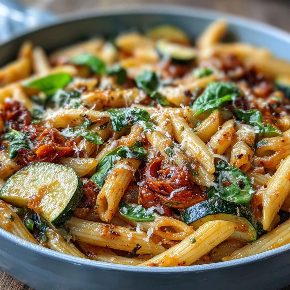 Un bol de pâtes savoureuses et colorées, cuites dans une seule casserole avec des légumes frais et du fromage Parmesan.