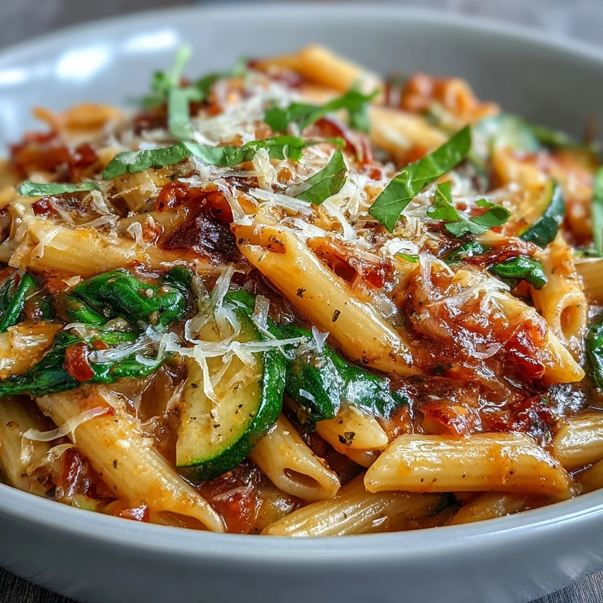 Pâtes à la poêle généreuses, garnies de courgettes, poivrons et épinards, idéales pour un repas rapide et économique.