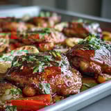 A close-up of Sheet Pan Honey Garlic Chicken & naan, garnished with fresh cilantro for a weeknight family dinner.