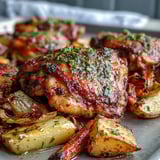 Plat familial de cuisses de poulet au ranch et légumes rôtis, parfait pour un dîner.