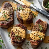 Steak grillé avec sauce et poivrons.