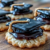 Groupe de cookies en forme de toque de graduation décorés de glaçage royal noir et de glands jaunes festifs.  