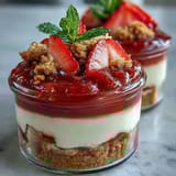 Délicieux dessert printanier : cheesecake frais, fraises juteuses et coulis acidulé, servi en verrines.