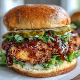 Un sandwich au poulet chaud et croustillant au miel avec cornichons croquants sur pain brioché.