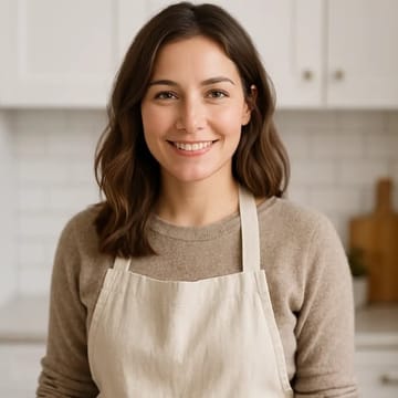 A woman wearing an apron and smiling.
