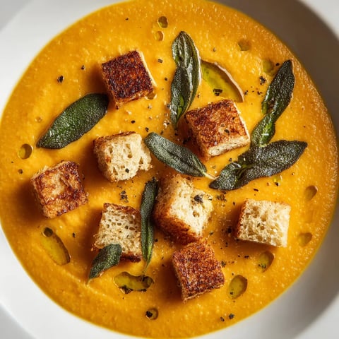 Une assiette de soupes rouges avec des morceaux de pain grillé.