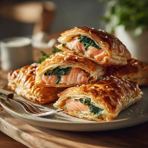 Quatre pains au saumon et à la spinach sur un plateau.