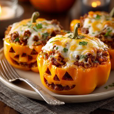 A plate of food with a pumpkin face on it.