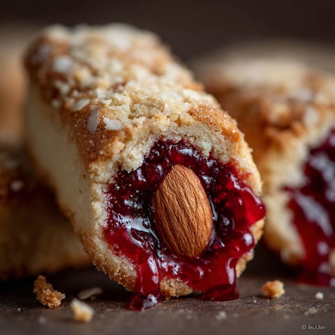 A pastry with jelly and almonds.