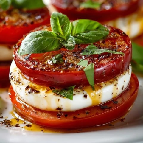 Salade caprese sucrée-salée avec tomates brillantes, mozzarella fraîche, et basilic parfumé, prête à rafraîchir votre journée.