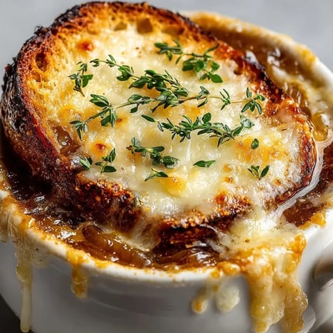 Bol de gratinée à l'oignon fumante, fromage doré qui bouillonne sur pain croustillant.