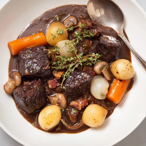 Gros plan d'un copieux boeuf bourguignon, un ragoût français rustique fumant.