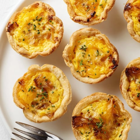 Bouchées de quiche au potiron Lyonnaise, garnies d'oignons caramélisés et de fromage.