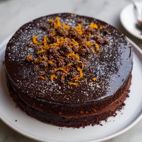 Tarte au chocolat épicée parisienne garnie de pelures d'orange confites et de sucre en poudre.