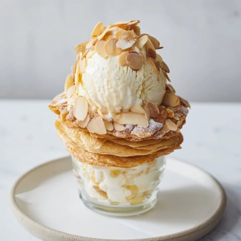 Mille-feuille de crème d'amande, glace à la vanille et éclats de pâte feuilletée.