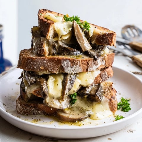 Toasts savoureux garnis de champignons marinés et fromage Emmental fondant.