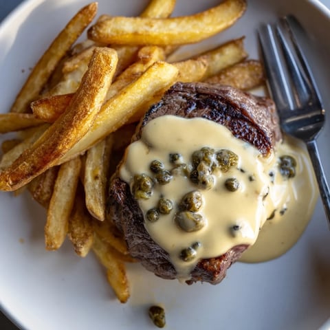 Succulent steak frites with creamy peppercorn sauce on a rustic plate.  