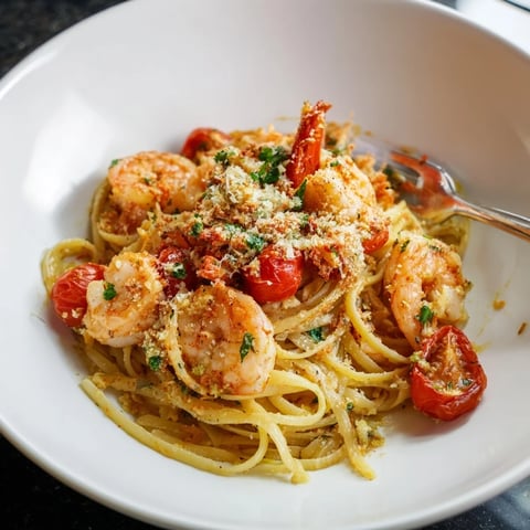Crevettes Provençales savoureuses sur des pâtes à l'ail, sauce tomate riche et parfumée.  