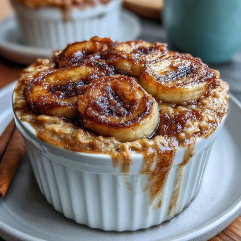 Cinnamon Swirl Protein Banana Baked Oats, golden and fluffy in a ramekin, topped with Greek yogurt and sliced bananas for a nourishing breakfast.