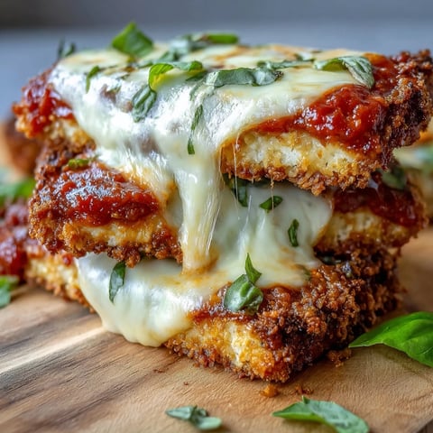 Des tranches de Crispy Tofu Chicken Parm Bakes croustillantes, recouvertes de sauce marinara fondante et de mozzarella, sortant bien chaudes du four.